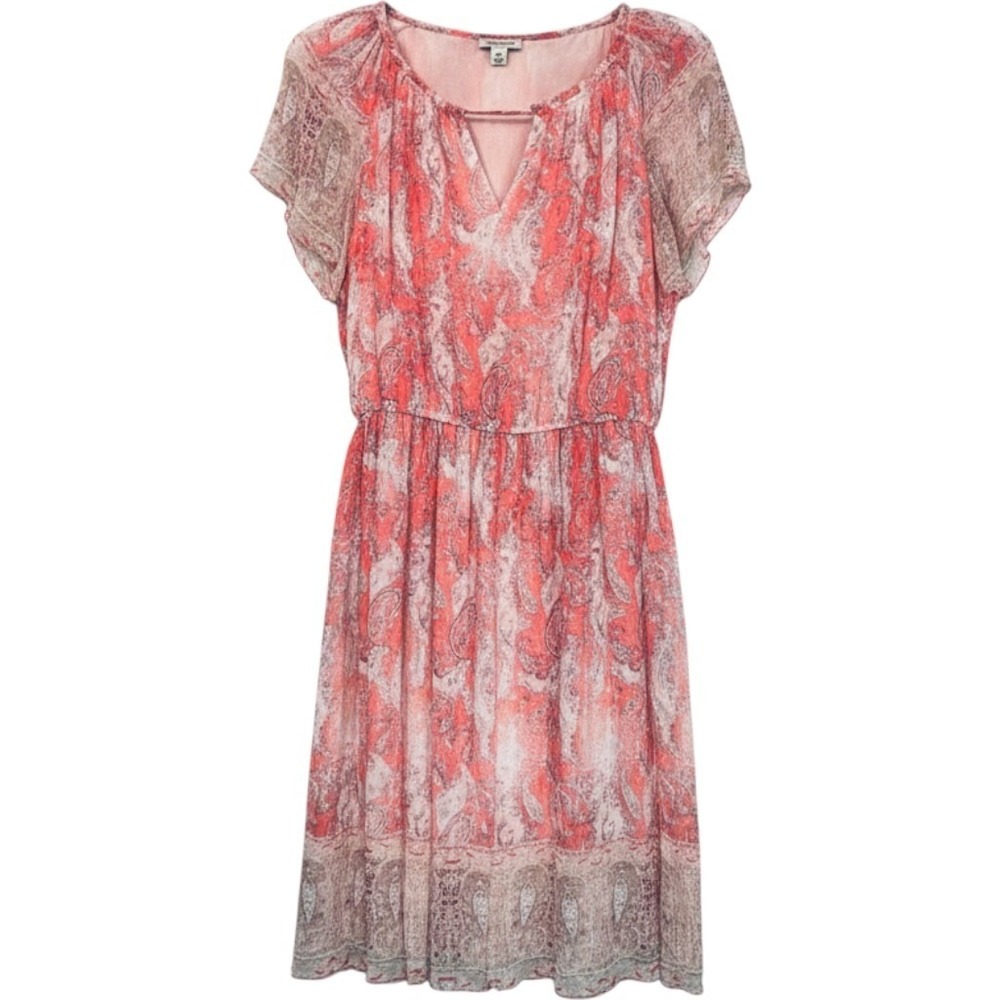 Lucky‎ Brand Boho Paisley Midi Dress M Coral Pink Fluter Sleeve Peasant Fesitval